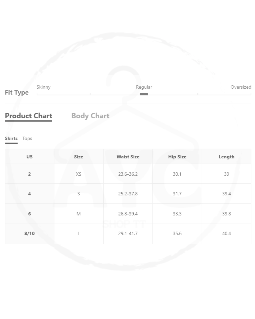 Product chart for skirts and tops with size, waist, hip, and length measurements.